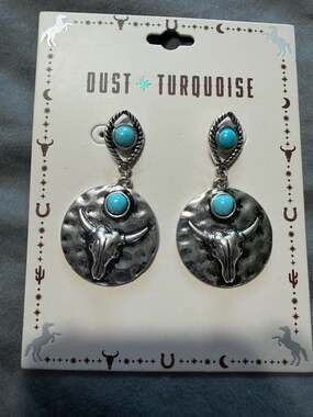 Dust Turquoise Western Bull Skull Hammered Metal Earrings with Faux Turquoise